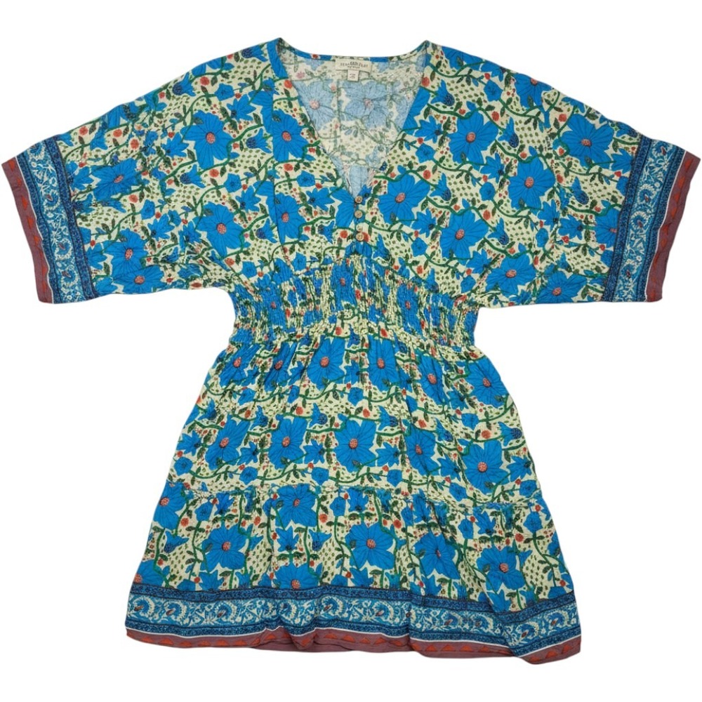 Natural Life Floral V-Neck Smocked Waist Mini Dress Blue Cream Large